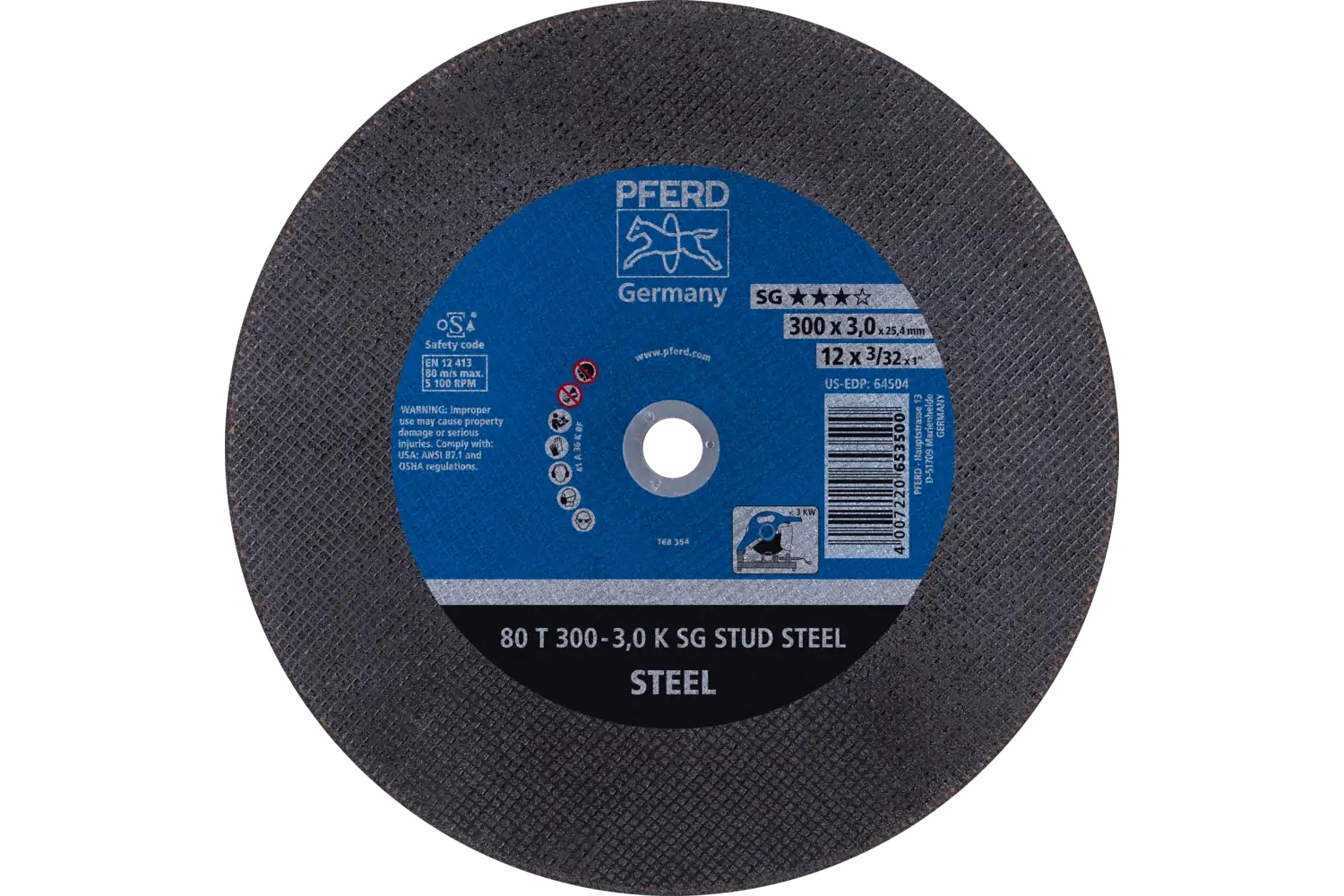 Picture of Pferd Portable Cut-Off Wheel, 12" X 3/32 X 1, Sg Stud Steel, T1, Aluminum Oxide